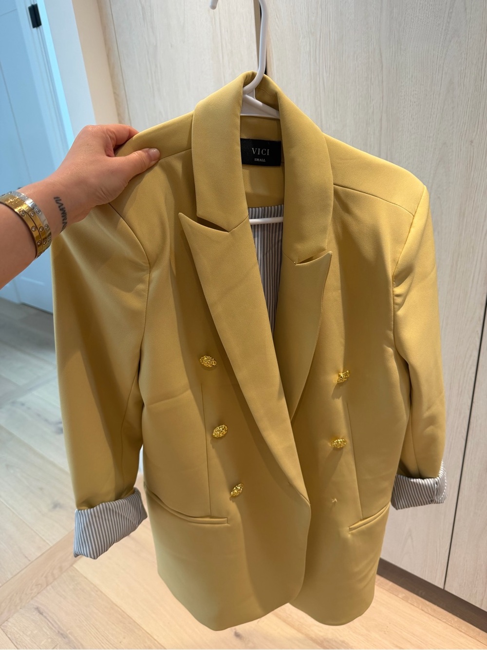 VICI Mustard Double-Breasted Blazer with Gold Buttons